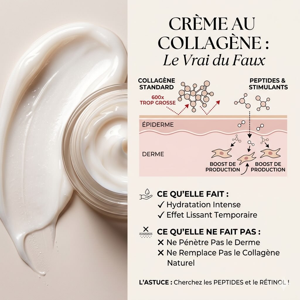Infographie : crème au collagène, vrai vs faux — pénétration épiderme vs derme, peptides et rétinol