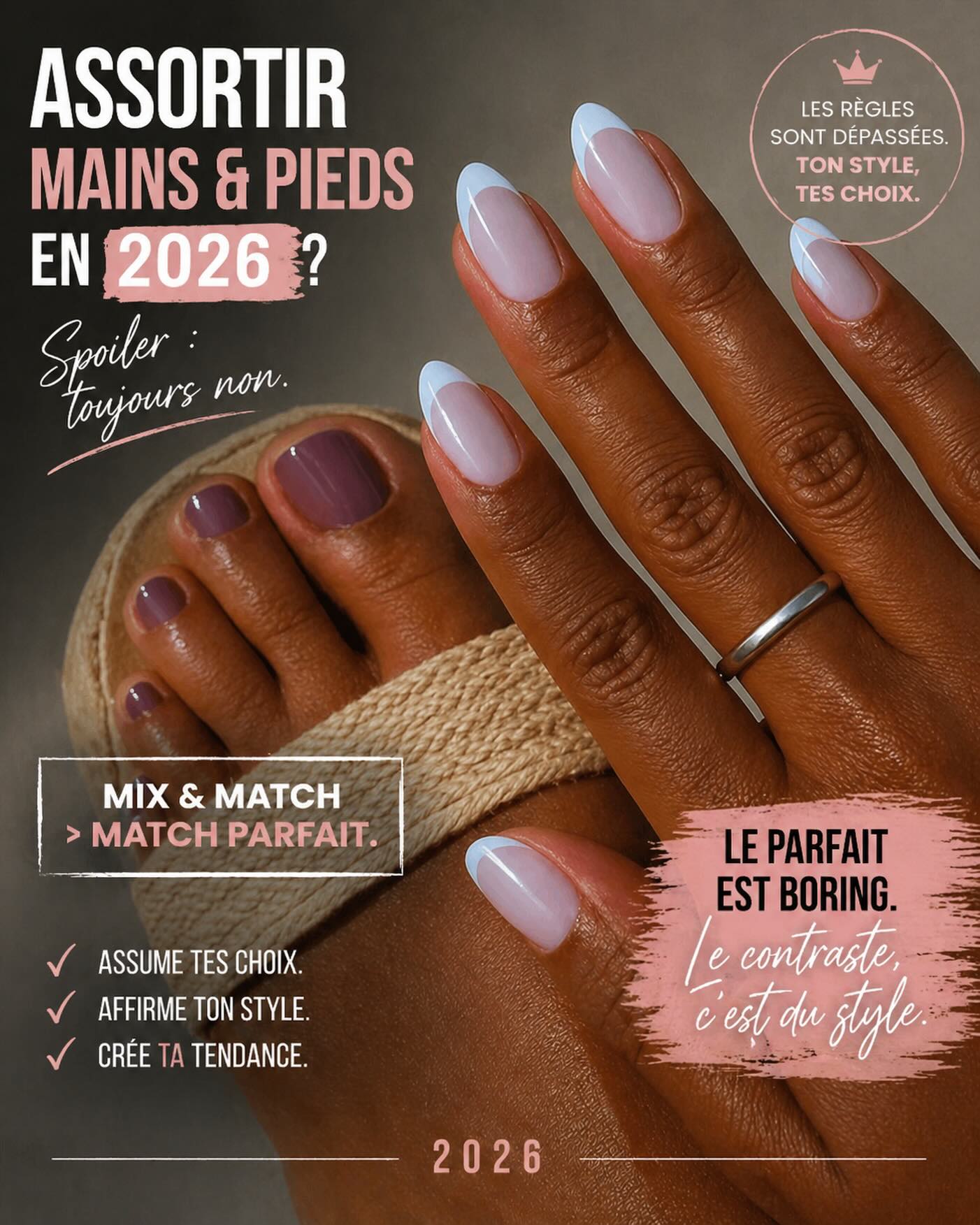 Manucure pédicure couleurs différentes tendance mix and match 2026