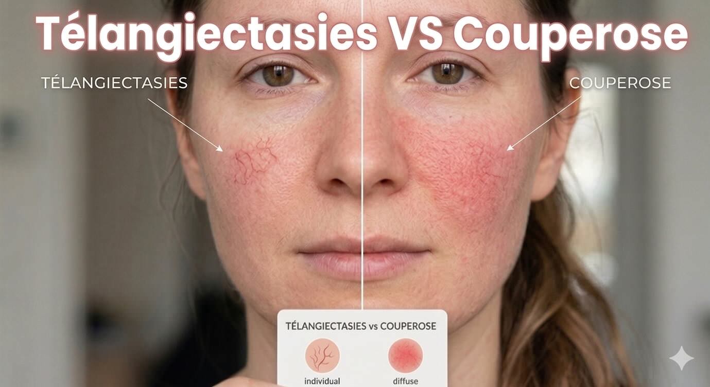 Infographie télangiectasie vs couperose : différences, localisation, causes et traitements laser IPL